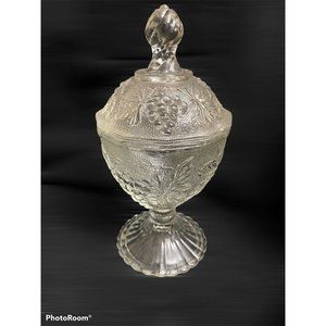 Vintage Glass Compote Pedestal Covered Candy Dish Grapes & Vines EAPG Imperial